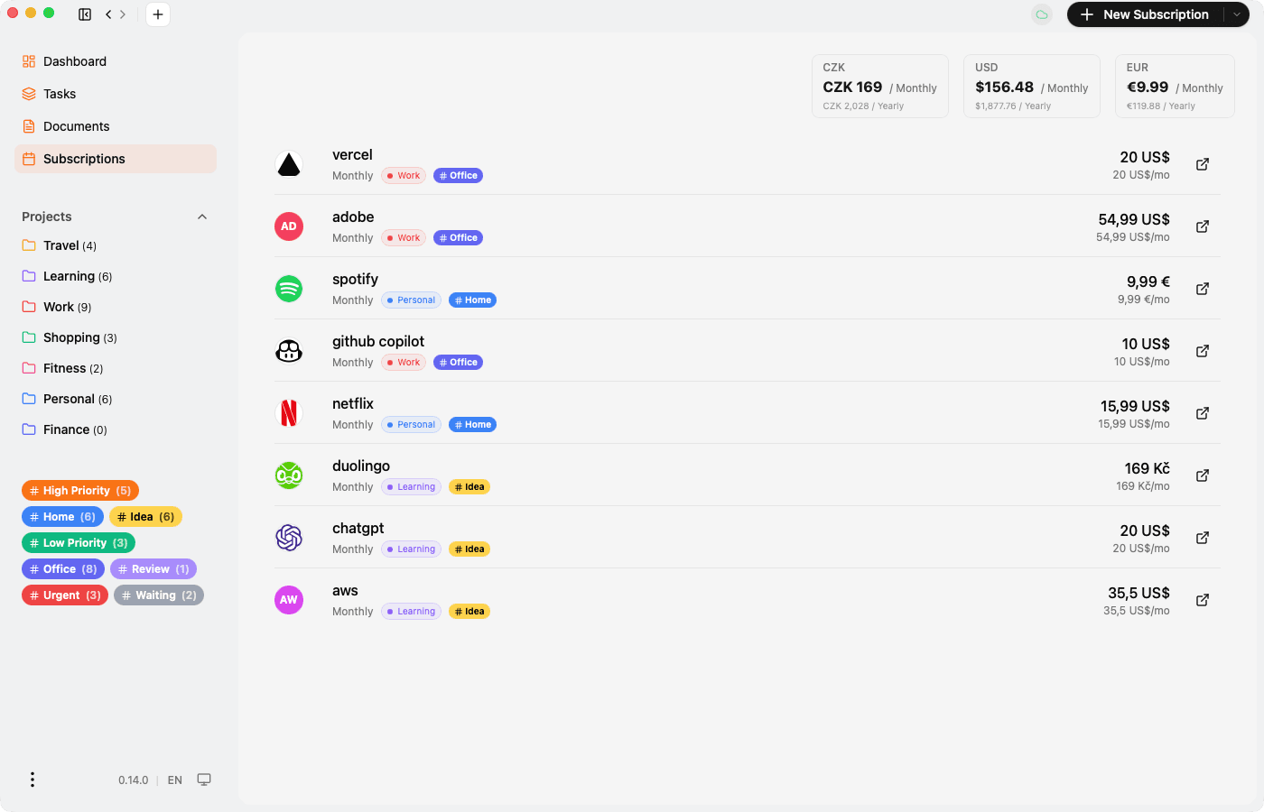 Subscription tracker with cost overview